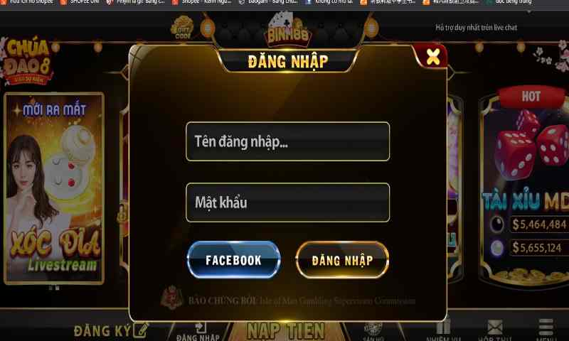 Giao diện đăng nhập tại trang chủ cổng game binh88