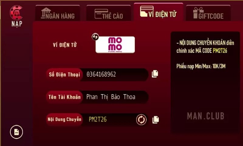 Nạp tiền thông qua ví Momo