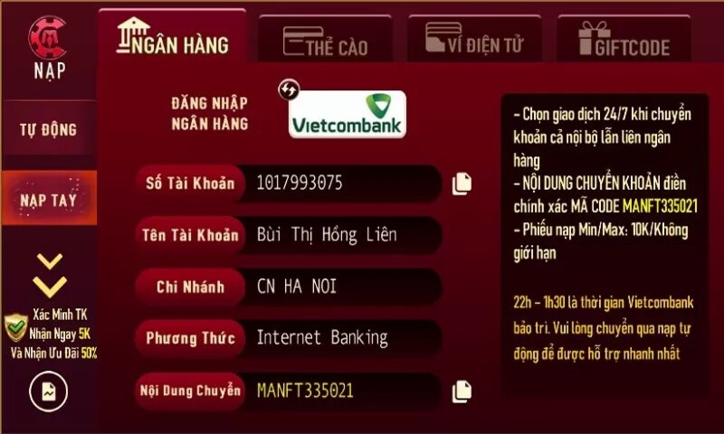 Nạp tiền Man club nhanh chóng và tiện lợi bằng tài khoản ngân hàng