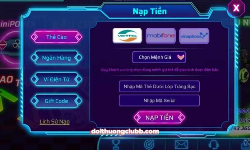 Bước 2: Lựa chọn hình thức nạp tiền Sky Club