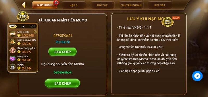 Nạp tiền Tx79 qua Momo