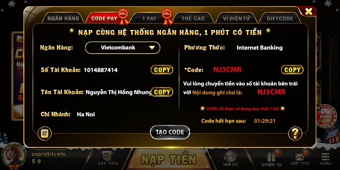 Nạp tiền ric win, rút tiền ric win thông qua ngân hàng.