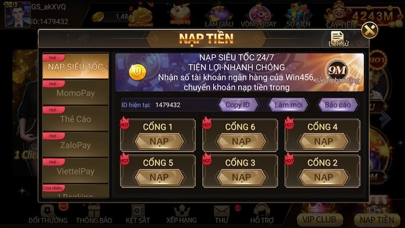 Trình tự nạp tiền tại Win456