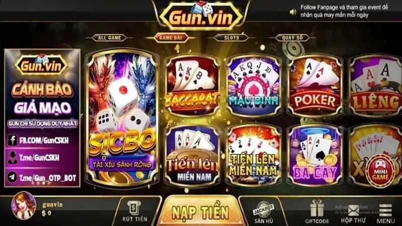 Giao diện các trò chơi game bài